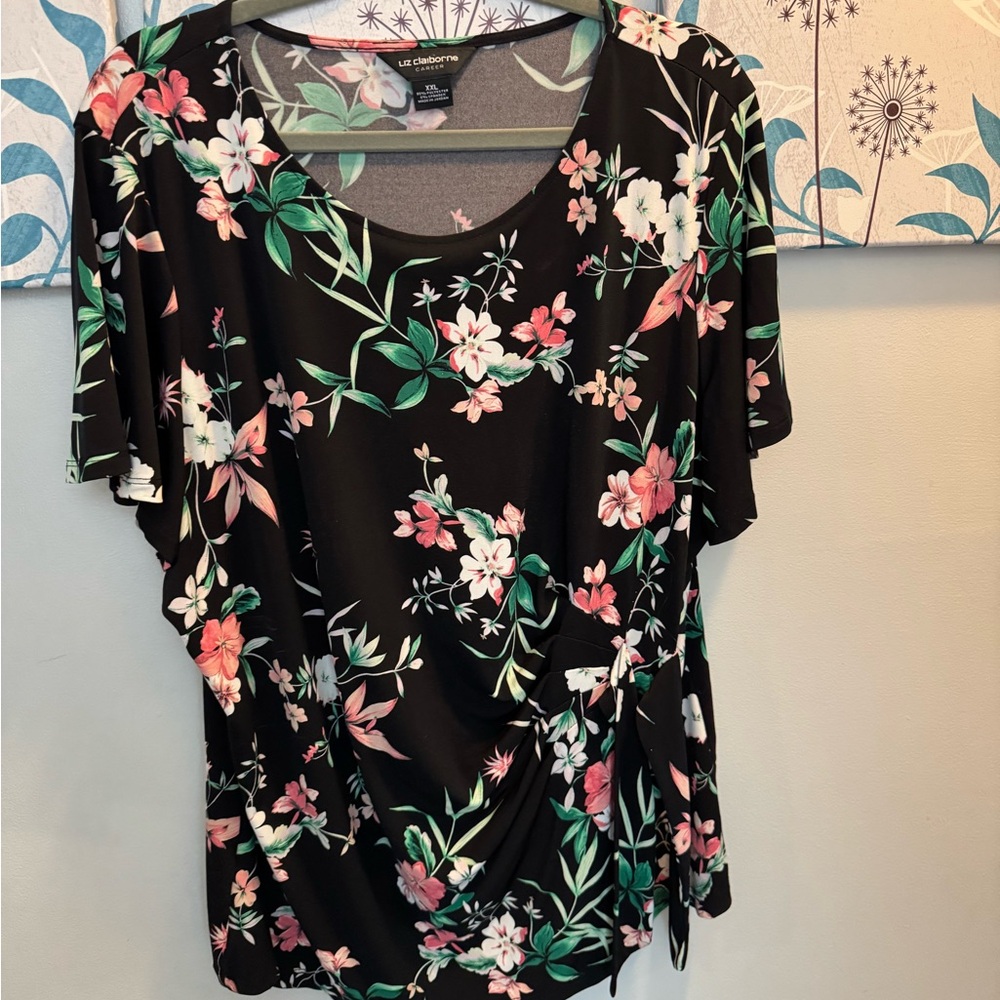 Liz Claiborne Black Floral Short-Sleeve Blouse with Side Tie size xxl
